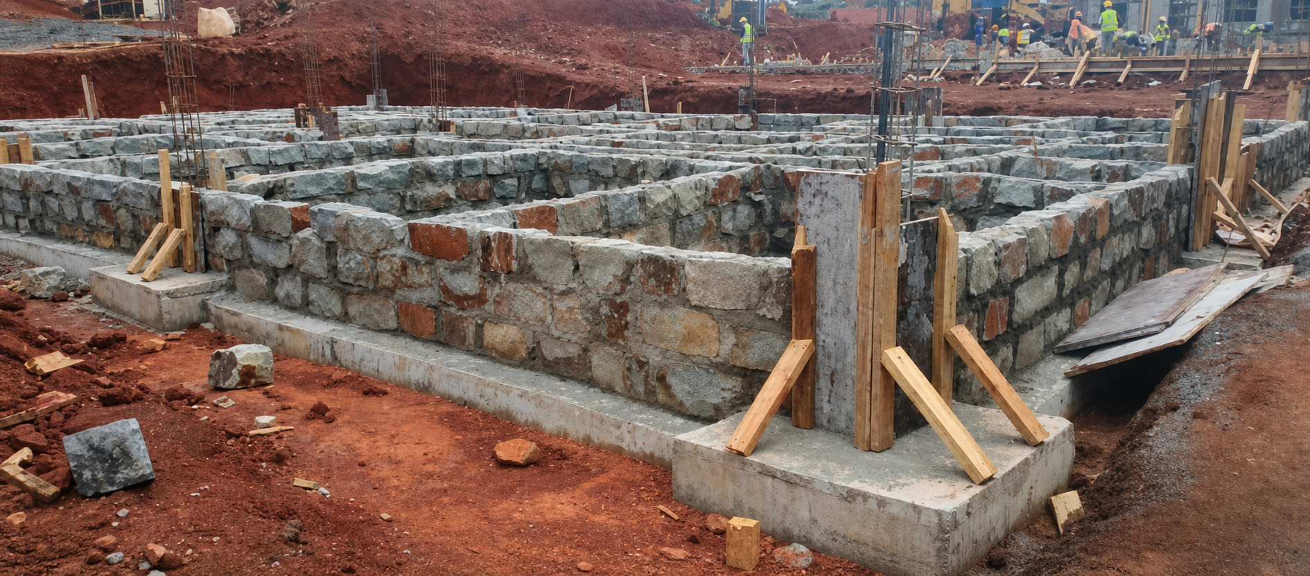 Stone foundation walls and concrete ground beams under construction in Saboti